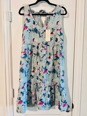 Abstract Print Linen Tie-Neck Dress